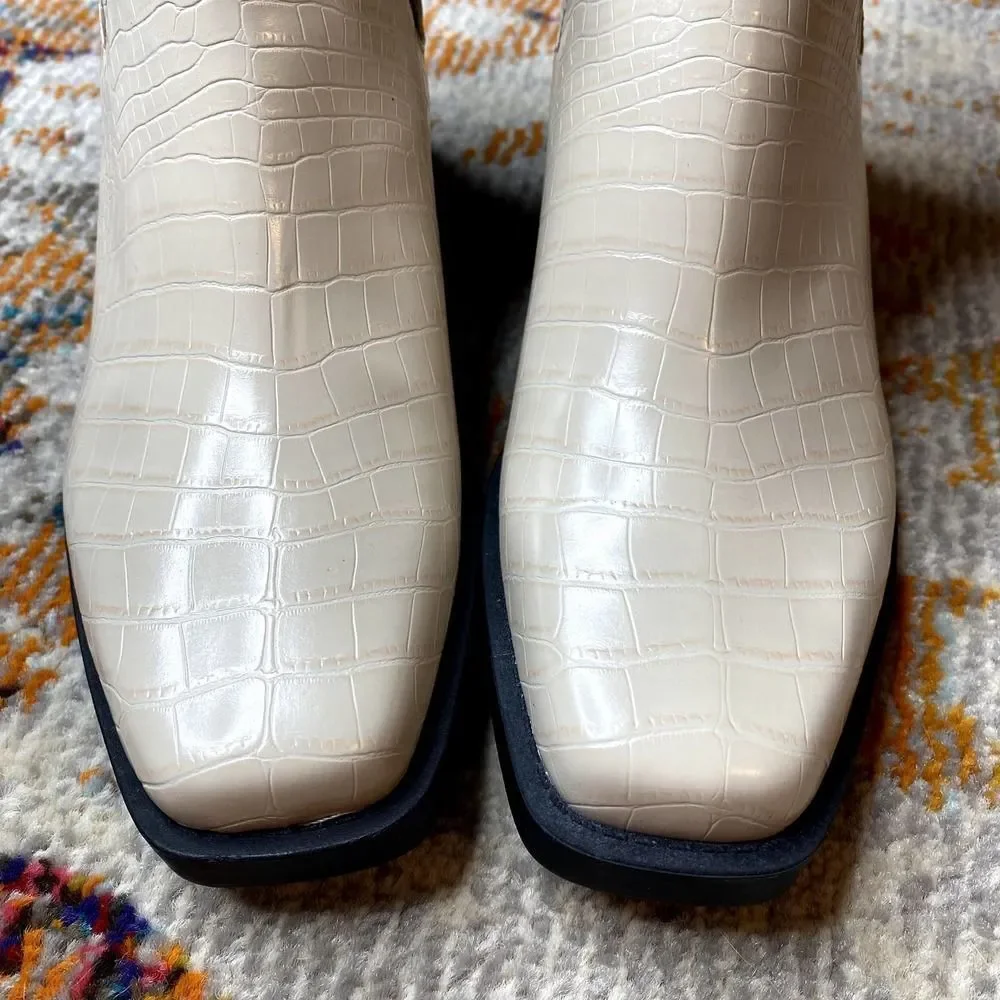 Open Edit Rectangular Toe Stacked Heel Croc-Embossed Ayla Chelsea Boot Ivory 8